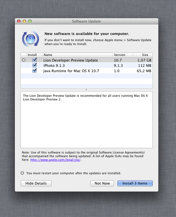 SW Update Lion Developer Preview 3