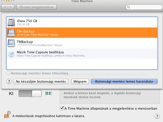 Time Machine cljnak kivlasztsa